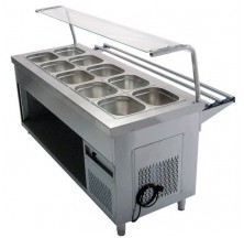 Bain marie froid GN5/1 avec console 1 niveau en verre et rampe à plateaux - Self Service